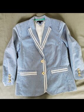 Tommy Hilfiger Blue & White Seersucker Striped Blazer Jacket